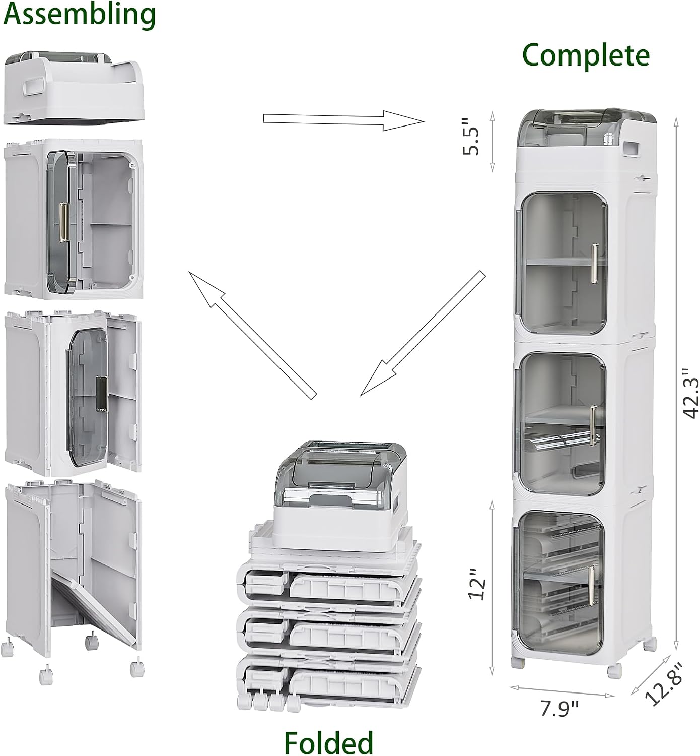 BINSIO 3-Tier Slim Bathroom Storage Cabinet for Toilet Side, Toilet Paper Storage Organizer, Narrow Rolling Bathroom Storage Cabinet with Transparent Doors for Small Space, Foldable Easy Assembly