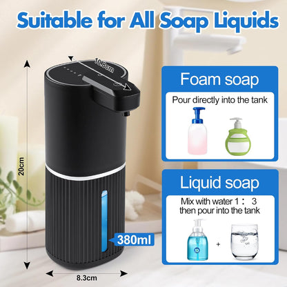 Automatic Soap Dispenser, Foaming Soap Dispenser Touchless with Continuous Dispensing, 4-Level Adjustable, Rechargeable Hand Soap Dispensers, Wall Mounted or Countertop for Bathroom & Kitchen