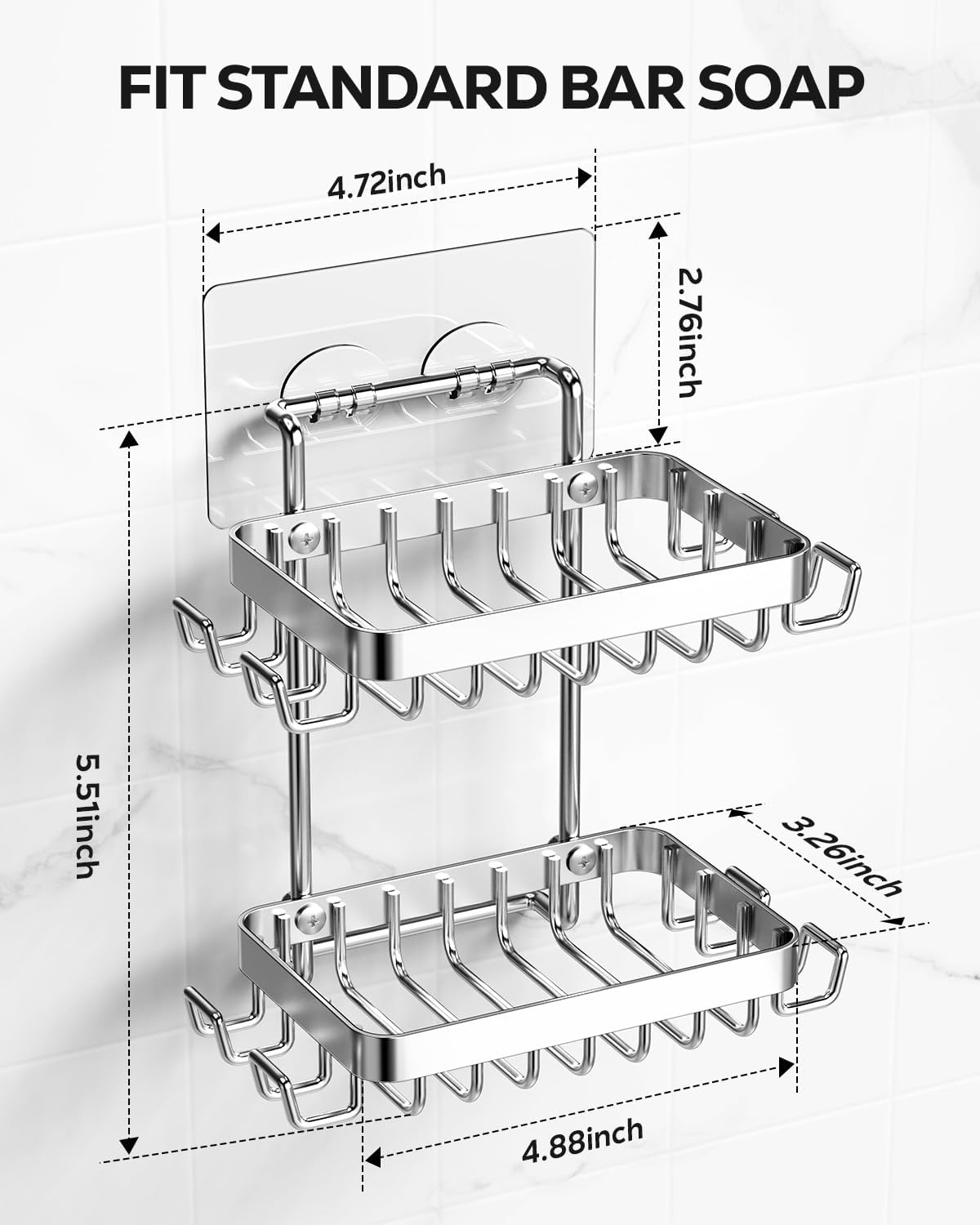 Nieifi Bar Soap Holder, Adhesive Soap Dish for Bathroom Shower Wall | Stainless steel, 2 tier, razor holders, 8 hooks, bathtub, kitchen sink, wall mounted, no drilling, counter, black
