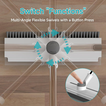 Floor Scrub Brush with Long Handle Length Adjustable, 3 in 1 Heavy-Duty Stiff 90° Bristle Floor Scrubber Broom with Squeegee, Cleaning Brush for Bathroom, Garage, Kitchen, Tile, Deck & Patio (Gray)