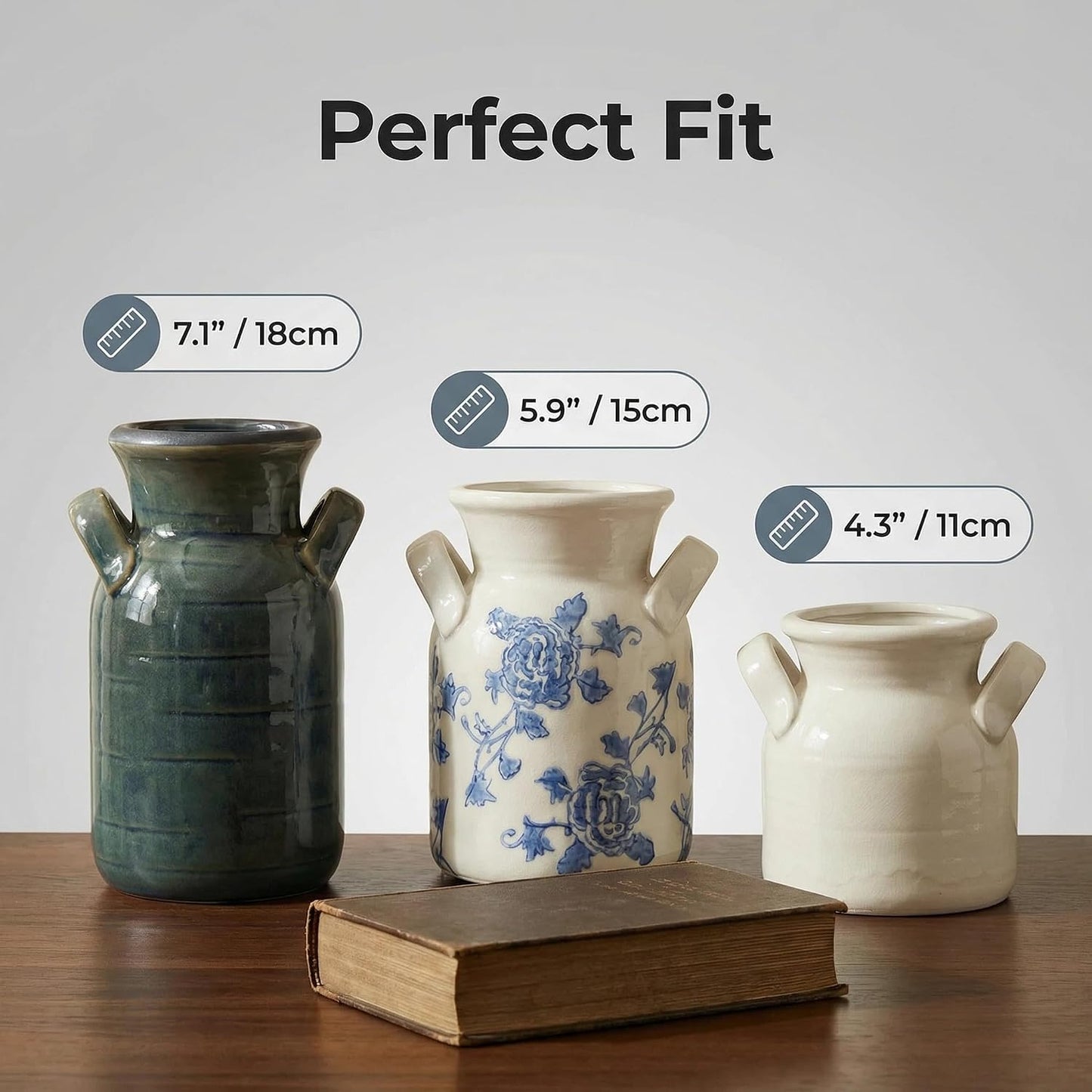 Ceramic Vase Set of 3 with Handles, Green White Neutral Rustic Modern Farmhouse Boho Decor, Versatile as Table Centerpiece or Mantel & Shelf Accent - Unique Home Gift Idea