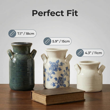 Ceramic Vase Set of 3 with Handles, Green White Neutral Rustic Modern Farmhouse Boho Decor, Versatile as Table Centerpiece or Mantel & Shelf Accent - Unique Home Gift Idea