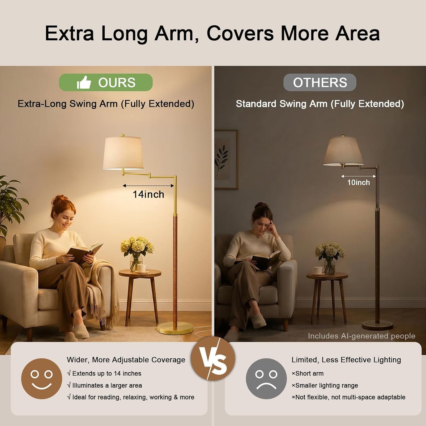G-SAFAVA Real Wood Floor Lamps for Living Room Bedroom, 62.5" Mid Century Modern Lamp Gold Standing Tall Arc Lamps with Foot Switch, Floor Lamps for Nursery Office Decor Corner Reading Room Light
