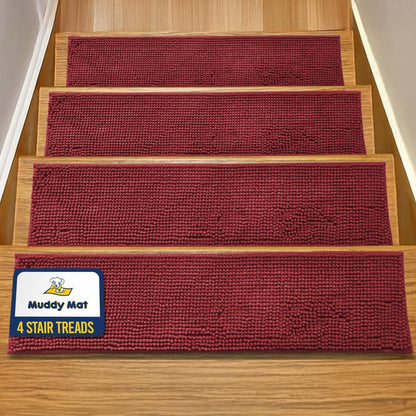 Muddy Mat® Pack of 4 - Soft Chenille Stair Treads Non-Slip Reusable, Super Absorbent Stair Treads for Wooden Steps, Tile & Marble Floor, Easy to Install & Machine Washable - Brown 30'' x 7''