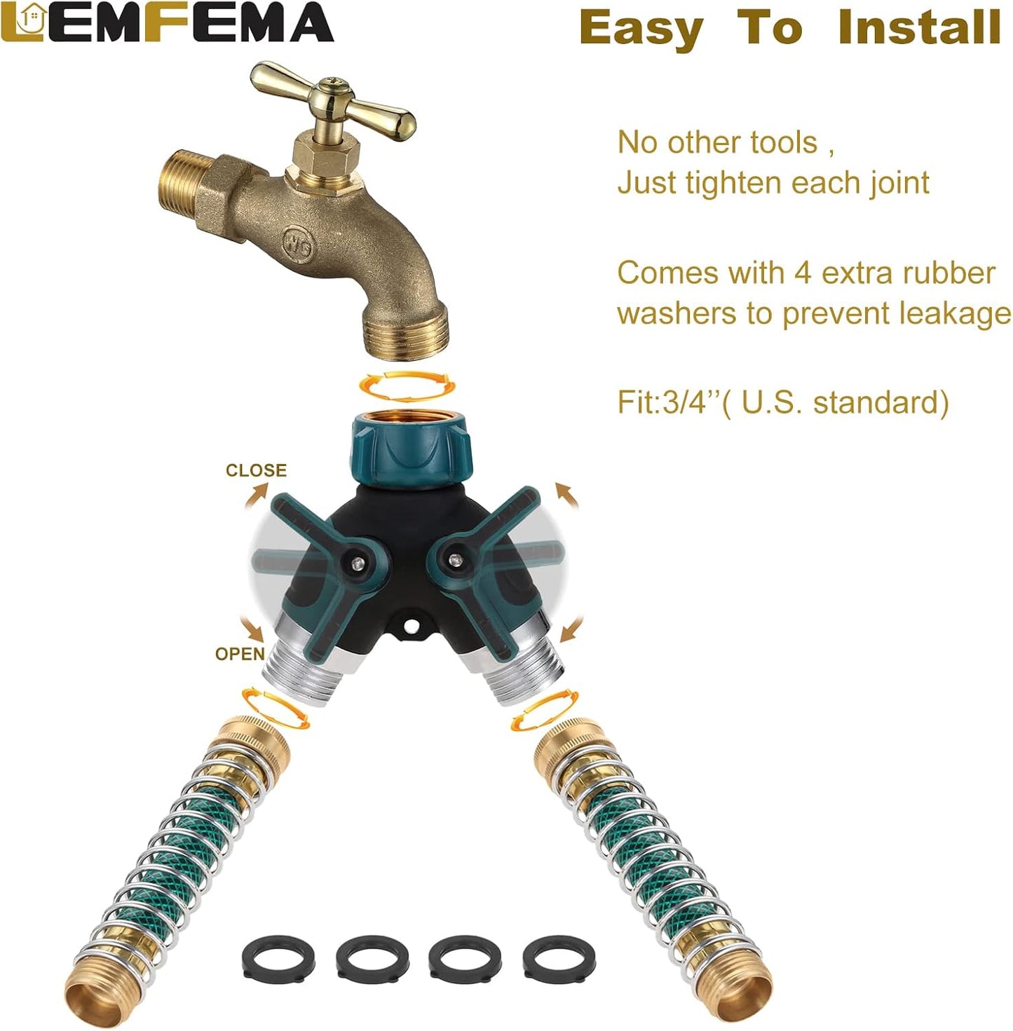 2 Way Garden Hose Splitter, 3/4" Y Garden Hose Connector with Comfortable Rubberized Grip , 2 Faucet Extension Hose spring Protectors and 4 Hose Rubber Washer