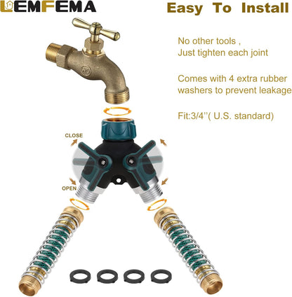 2 Way Garden Hose Splitter, 3/4" Y Garden Hose Connector with Comfortable Rubberized Grip , 2 Faucet Extension Hose spring Protectors and 4 Hose Rubber Washer