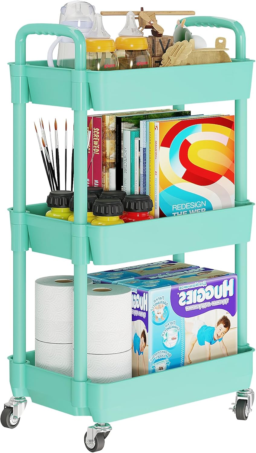 Laiensia 3-Tier Rolling Cart with Wheels,Multifunction Utility Storage Carts, Kitchen Storage Organizer,Mobile Shelving Unit for Bathroom,Laundry,with Classified Stickers,White