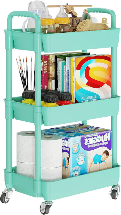 Laiensia 3-Tier Rolling Cart with Wheels,Multifunction Utility Storage Carts, Kitchen Storage Organizer,Mobile Shelving Unit for Bathroom,Laundry,with Classified Stickers,White