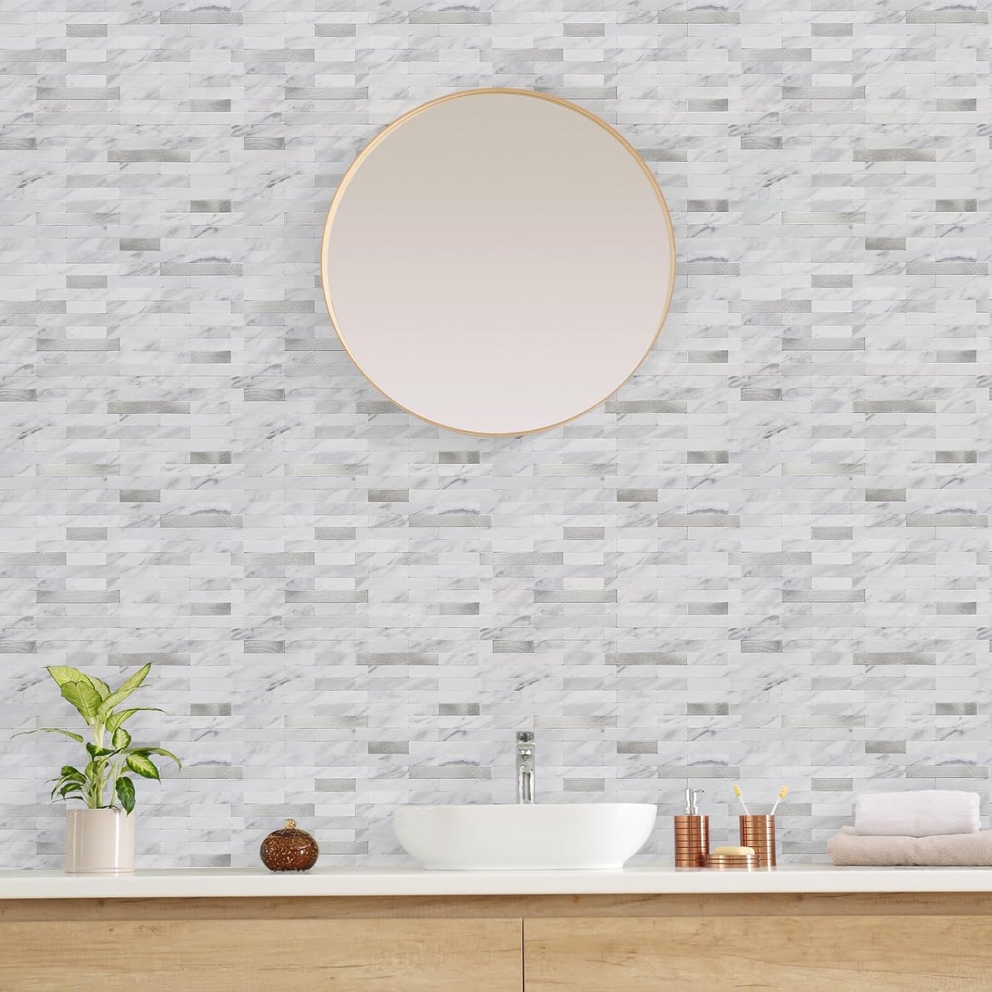 STICKGOO Peel and Stick Backsplash Tile, Stick on Backsplash for Kitchen and Bathroom, Volakas White Look PVC Mixed Metal Silver Self Adhesive Wall Tiles(Sample)