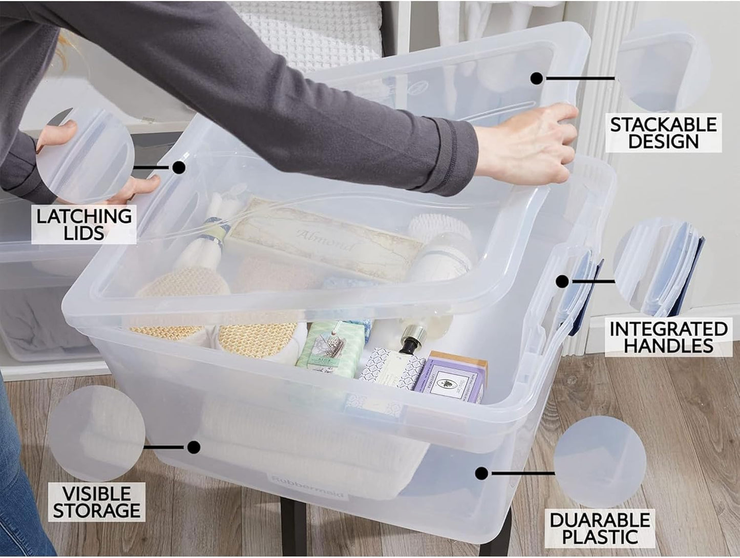 Rubbermaid Cleverstore 42 Quart Stackable Plastic Storage Bin with Lids for Garage, Closet, and Classroom, Clear, 4 Pack