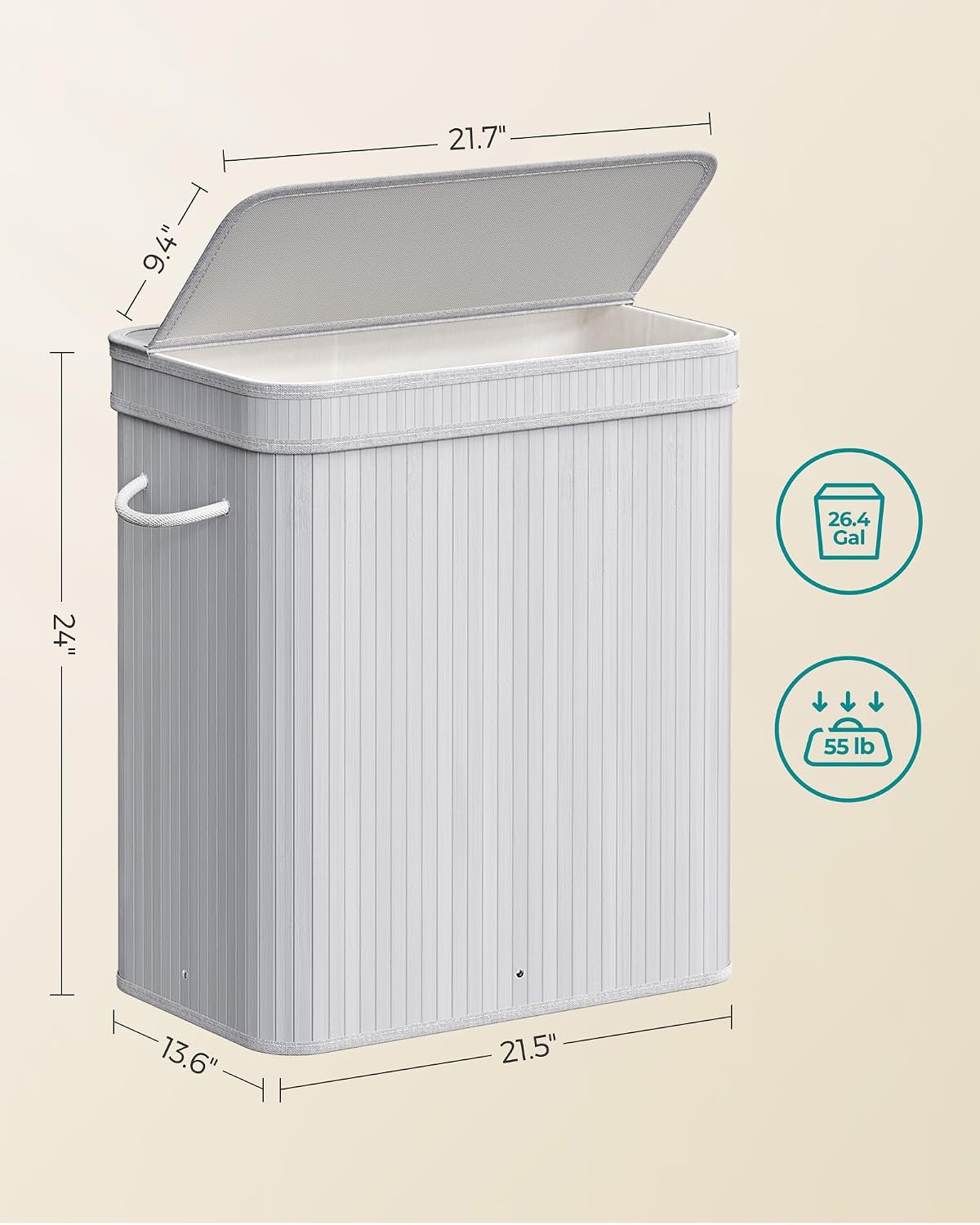 SONGMICS Laundry Hamper with Lid, Bamboo Launry Basket with Handles, Foldable Storage Basket for Laundry Room, Bedroom, 100L, Brown ULCB063K02