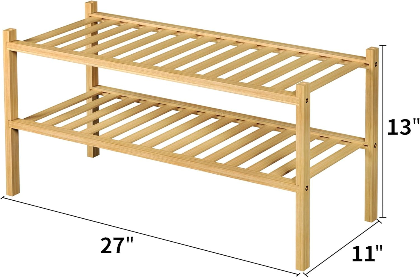 ROMGUAR CRAFT 3 Tier Bamboo Shoe Rack for Closet Free Standing Wood Shoe Shelf Storage Organizer for Entryway Small Space Stackable 27"x11"x20" (Natural)