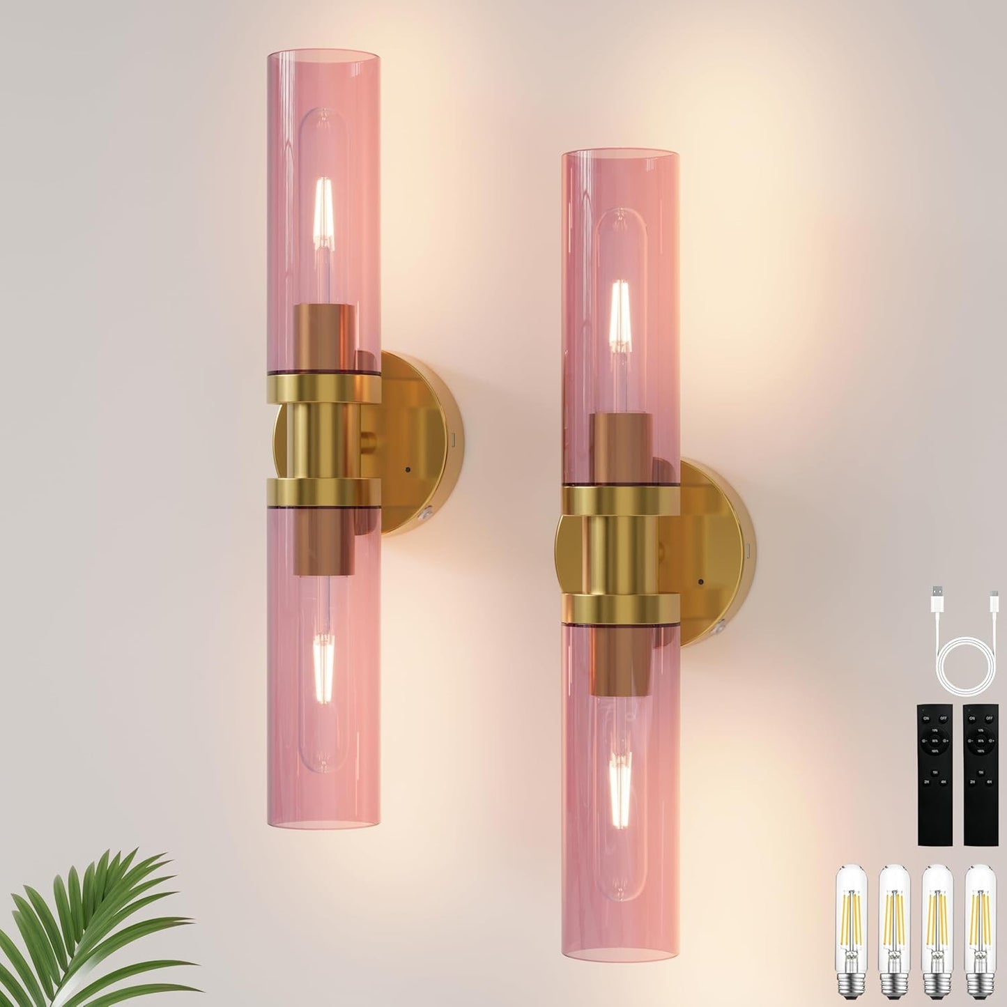 Battery Operated Wall Sconce Set of 2, 10000mAh Rechargeable Wireless Wall Lights Remote Control, Cordless Timer Dimmable Glass Wall Lamps for Living Room Bedside Entryway Emergency Gold 16.5 Inch