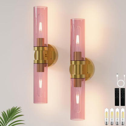 Battery Operated Wall Sconce Set of 2, 10000mAh Rechargeable Wireless Wall Lights Remote Control, Cordless Timer Dimmable Glass Wall Lamps for Living Room Bedside Entryway Emergency Gold 16.5 Inch