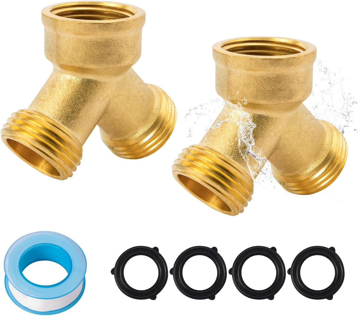SUNGATOR 3/4 Inch GHT Y Valve, 2 Way Brass Garden Hose Splitter Heavy Duty, 3/4'' GHT Garden Hose Bib Splitters, Brass Y Valves with Extra 4 Rubber Washers, 1 Sealing Tape