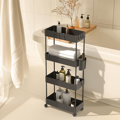 Pipishell Slim Storage Cart with Wheels - Bathroom Cart Organizer Storage, 4 Tier Rolling Carts for Bathroom, Laundry Room, Kitchen, Narrow Space, Black PIUC05