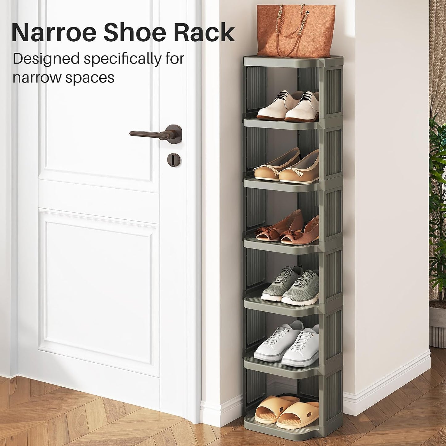Kitstorack 8-Tier Vertical Plastic Shoe Rack, Freestanding Stackable Storage Organizer for Small Closets and Tight Spaces