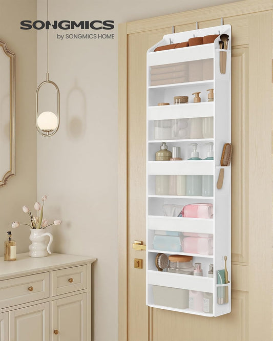 SONGMICS Over-the-Door Organizer, 5-Tier Door Hanging Storage Shelf, Heavy-Duty Closet Hanging Organizer Foldable, Transparent, Pockets, Metal Hooks, Ink Black URDH010BH01