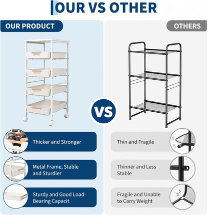 Garvee 5-Tier Slim Rolling Storage Cart, 12.6" Wooden Top Narrow Kitchen Carts on Wheels with Pull-Out Baskets, Mobile Shelving Unit Organizer for Kitchen, Bathroom, Laundry Room, Small Spaces