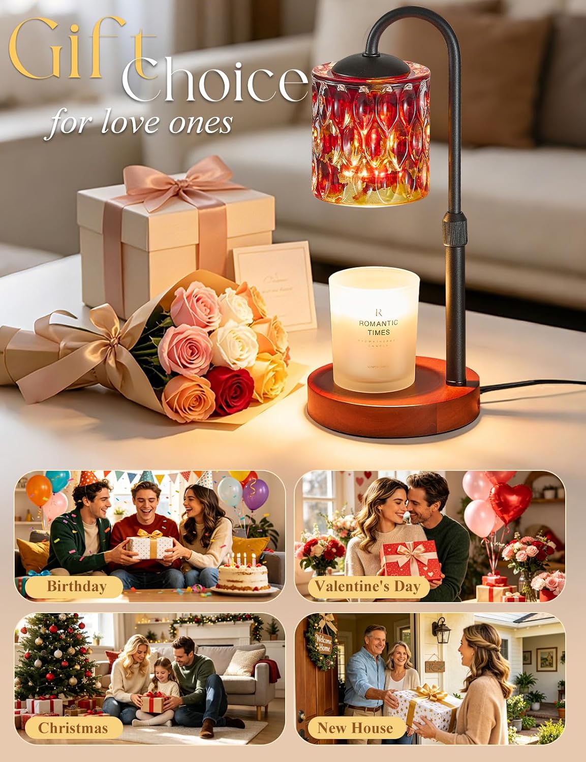 Briever Dimmable Candle Warmer Lamp with Timer, Height Adjustable Electric Candle Wax Warmer, Christmas Birthday Gifts for Women Mom, House Warming Gifts New Home Room Decor, Walnut Solid Wood Base
