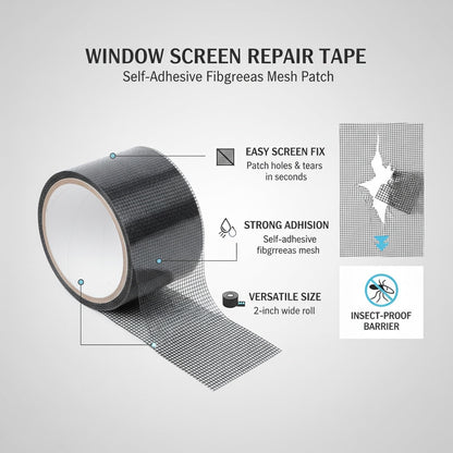 Self-Adhesive Window Screen Repair Tape, Fiberglass Mesh Patch for Holes and Tears, 2 in x 78.7 in Roll for Door and Window Screens