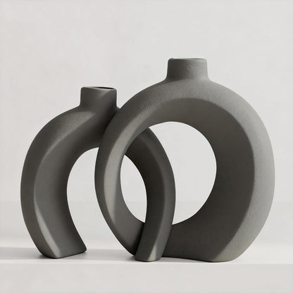 7.2″Hx8.9″H Donut Shape Decorative Vase Set of 2, Ceramic, Modern Minimalism Styles, Flowers or Plant Table Vases for Home Decor Living Room Shelf Entry Console Mantle Dining Centerpiece (Matte White)