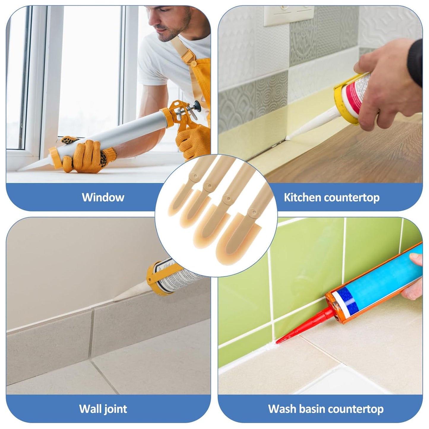 8Pcs Caulking Silicone Sealant Finishing Tool, 4 Sizes Rubber Caulking Tool Set, Multifunctional Caulking Remover/Smoothing Tool Applicator for Tiles Brick Kitchen Bathroom