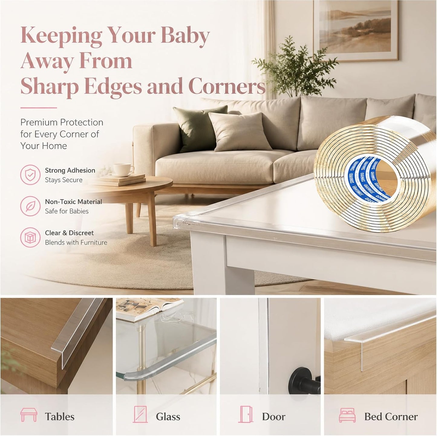 ZOMPAGO Baby Proofing Edge Protector Strip 2In x 13.4FT Clear Furniture Corner Guards for Toddlers Transparent Soft Sharp Edge Safety Bumpers Table Desk Fireplace Child Proof Protector Tape