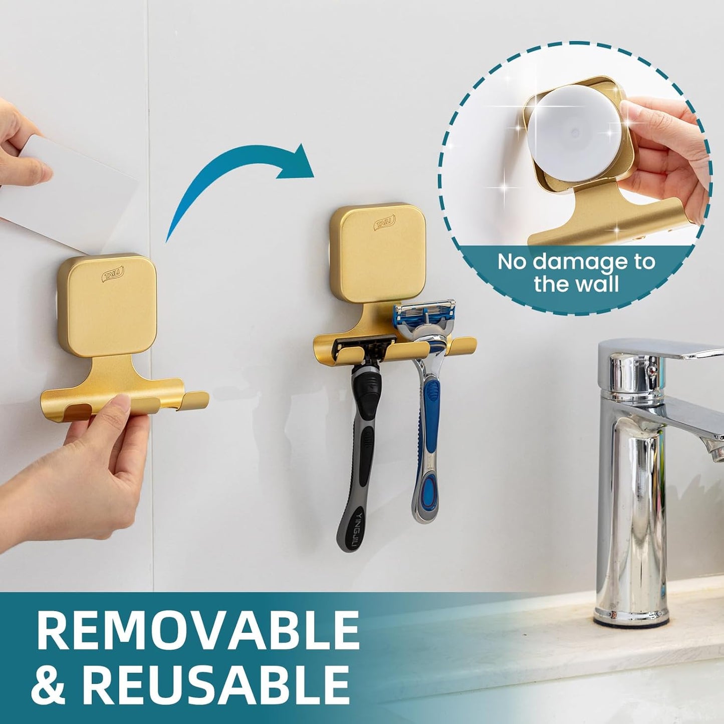 TAILI Suction Cup Razor Holder in Shower 2 Pack, Towel, Loofah, Shaver Holder for Bathroom Wall, Powerful Suction Cup Shower Hooks, Easy to Install and Reuse, White