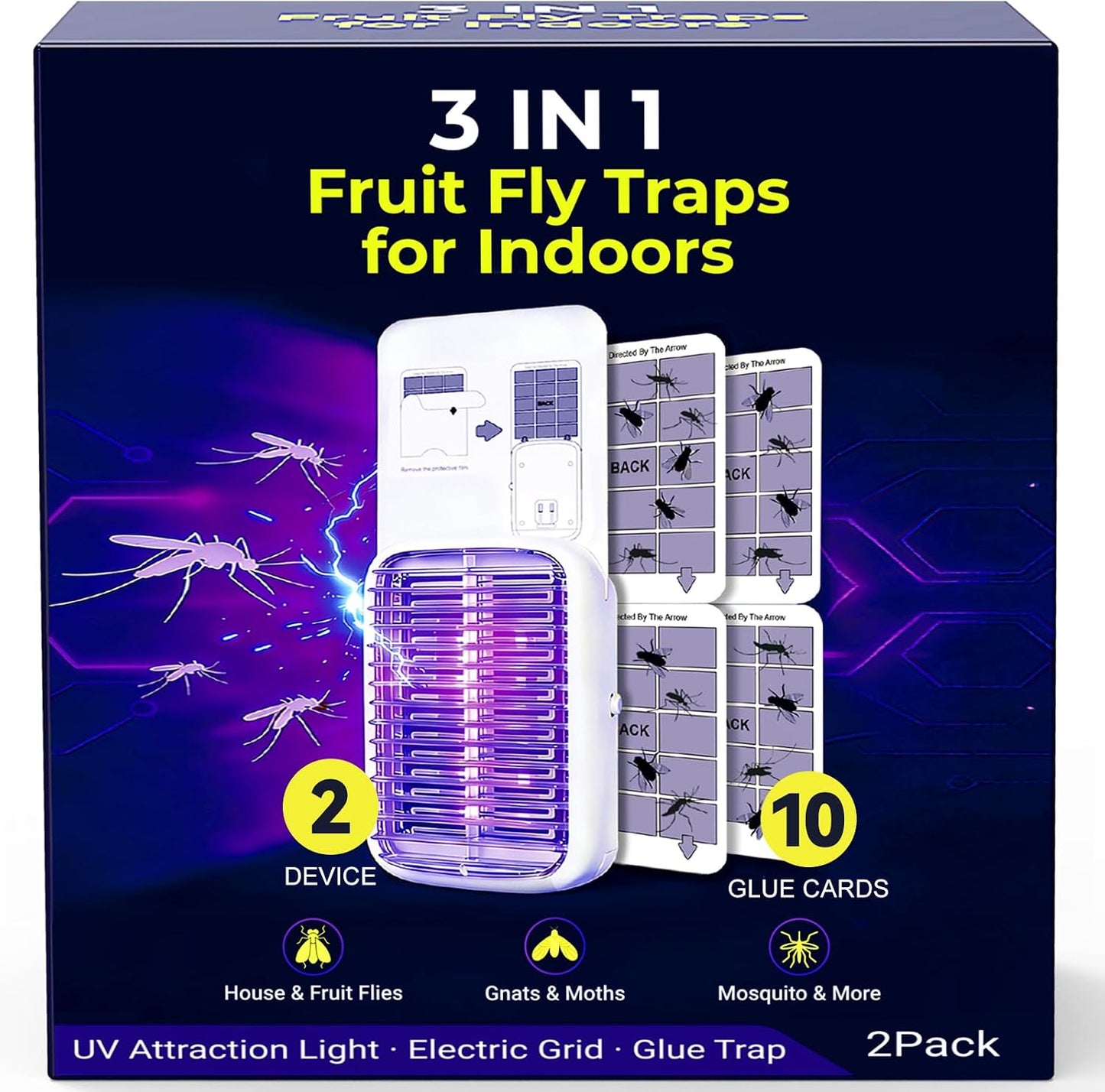 Upgraded Fruit Fly Traps for Indoors, Flying Insect Trap for Fruit Flies, Gnats, Plug in Bug Zapper Indoor with Dual-UV Lights & Trapping, Electric Grid & Glue Traps