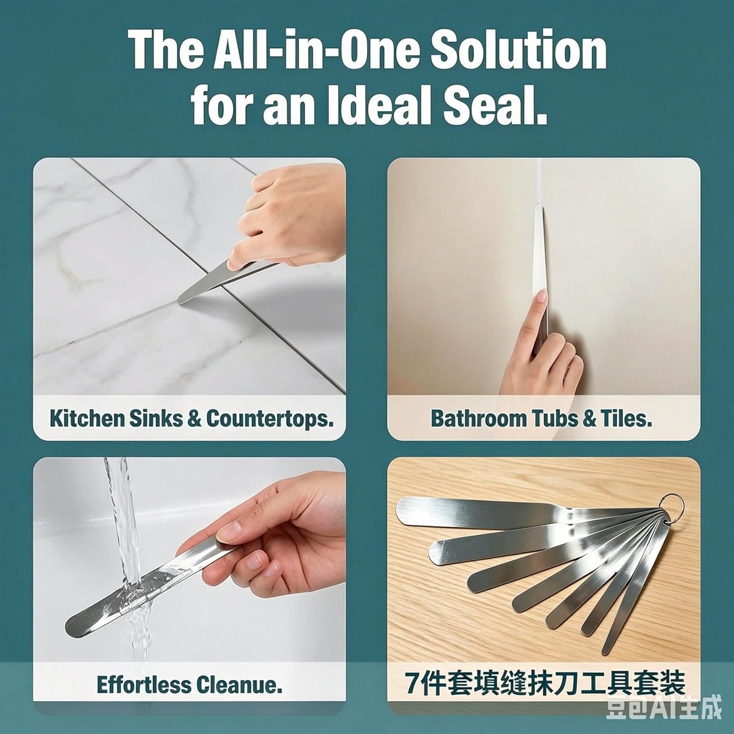 958-G01 7-Piece Caulking Spatula Tool Set, Stainless Steel Caulk Finishing Kit for Bathroom, Window, Door, Silicone Sealant Smoothing (3/8"-1-1/2")