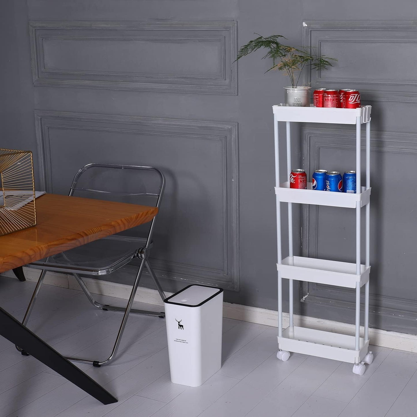 Sooyee 3 Tier Rolling Cart with Wheels, Slim Storage Cart, Under Desk Narrow Rolling Utility Cart Storage Organizer for Office Bathroom Kitchen Laundry Room Narrow Places, White, Plastic and Metal