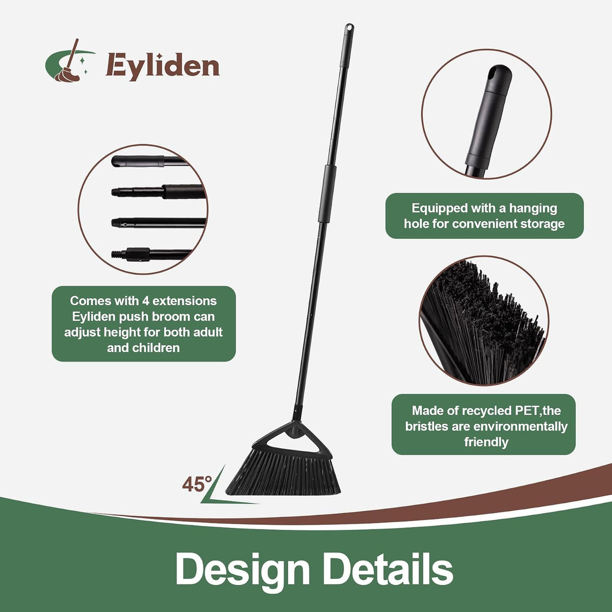 Eyliden Angle Broom with 57" Long Handle, Outdoor Indoor, Green | Heavy-Duty Cleaning, Also Works Well Fine Dust - PET Bristles, Commercial Sweeper for Courtyard Sidewalk Deck Kitchen Lobby