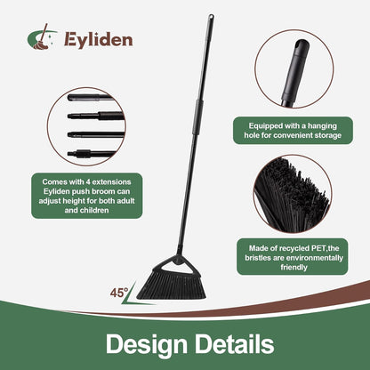 Eyliden Angle Broom with 57" Long Handle, Outdoor Indoor, Green | Heavy-Duty Cleaning, Also Works Well Fine Dust - PET Bristles, Commercial Sweeper for Courtyard Sidewalk Deck Kitchen Lobby