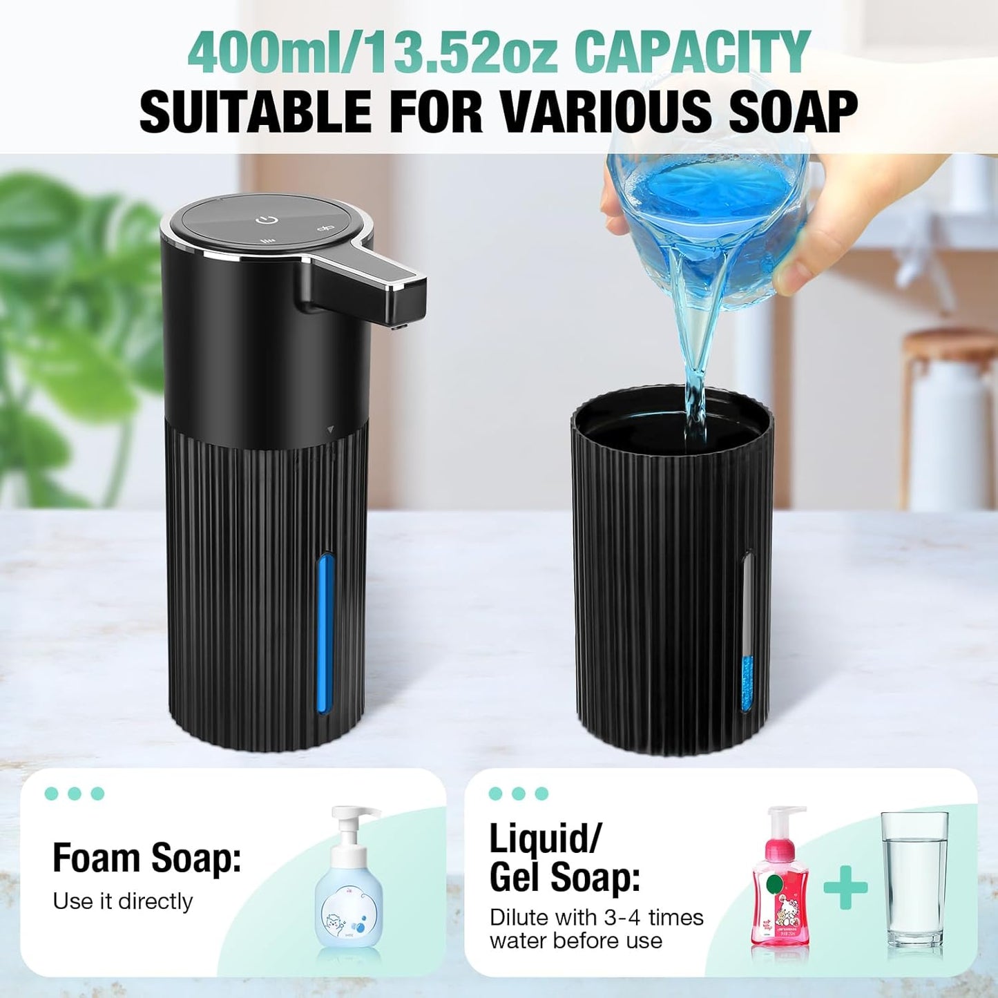 2 Pack Automatic Soap Dispenser: 14oz Plastic - Foaming Touchless 4 Level Adjustable Wall Mount Foam Black Rechargeable Electric Auto Smart Soap Dispenser Set - Bathroom Kitchen Hand Dish Lotion