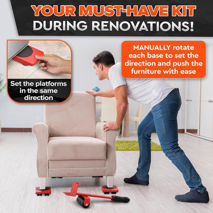 Furniture Lifter Tool & Furniture Moving Sliders Set 360° Rotating Wheels Up to 220 lbs, Refrigerator Movers Sliders with Smooth Glide, Non-Scratch Design for Hardwood Floors, Home & Office Appliances