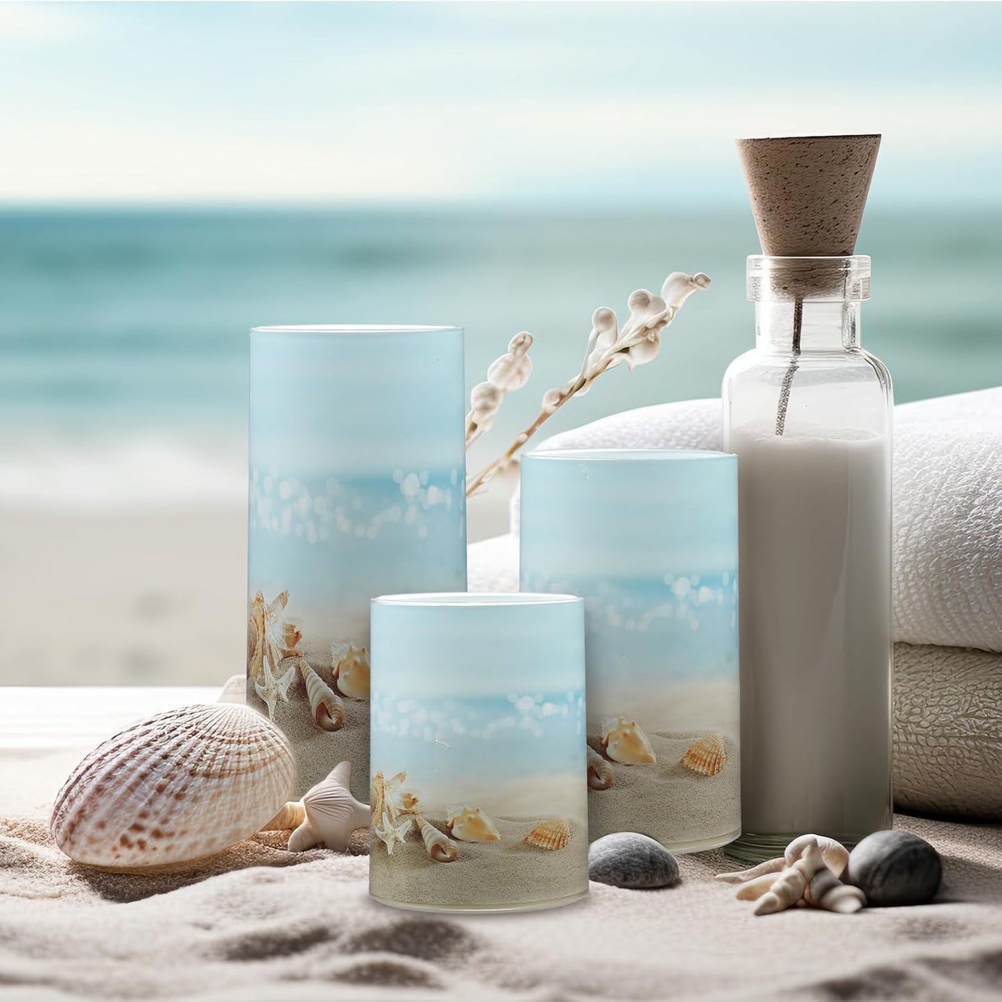 Tujoe 3 Pcs Summer Ocean Flameless Candles Teal Beach LED Battery Pillar Candles Set Battery Operated Coastal Nautical Decorations Flickering Gifts with Remote Decorations for Holiday