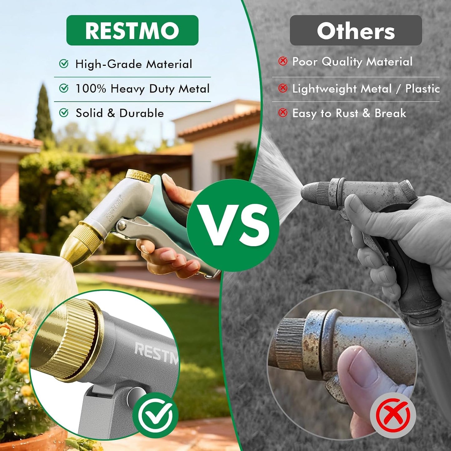 RESTMO Metal Water Hose Nozzle, Heavy Duty Garden Hose Sprayer for Outdoor | Adjustable Brass Spray Head, 4 Watering Patterns, Jet | Mist | Cone | Full, Leak-proof, Ideal for Lawn & Plant & Car, Green