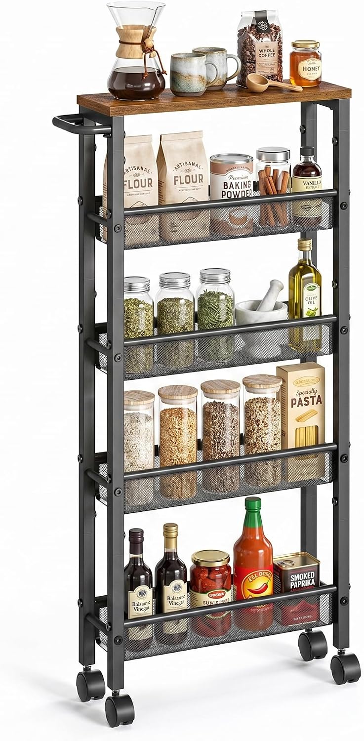 SONGMICS HOME Slim Rolling Cart, 4-Tier Storage Cart with Wheels and Handle, Narrow Utility Cart for Kitchen, Living Room, Brown and Black