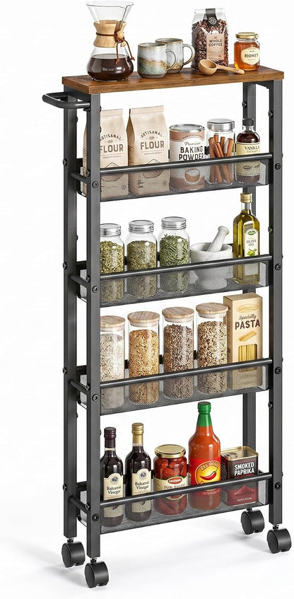 SONGMICS HOME Slim Rolling Cart, 4-Tier Storage Cart with Wheels and Handle, Narrow Utility Cart for Kitchen, Living Room, Brown and Black