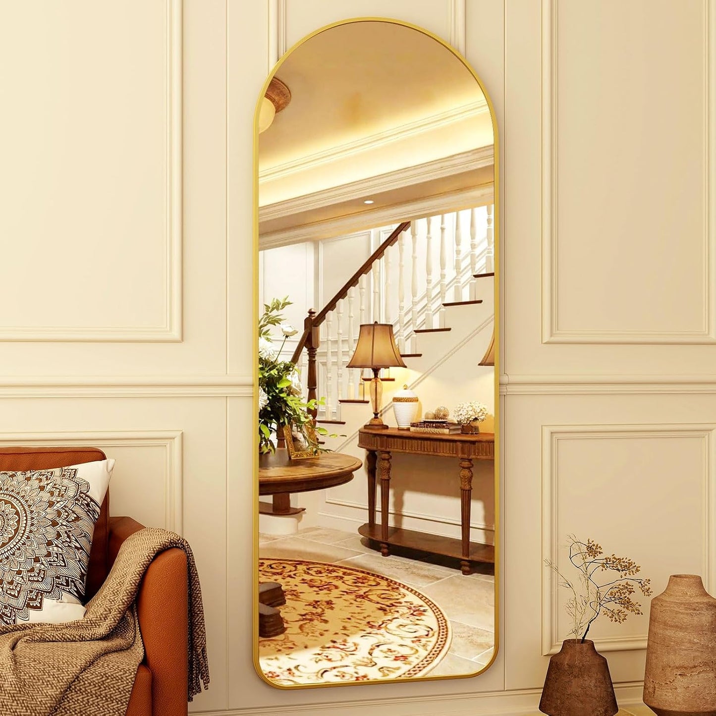 HARRITPURE 64"x21" Arched Full Length Mirror Free Standing Leaning Hanging Mounted Mirror Aluminum Frame Modern Simple Home Decor for Living Room Bedroom Cloakroom, Gold
