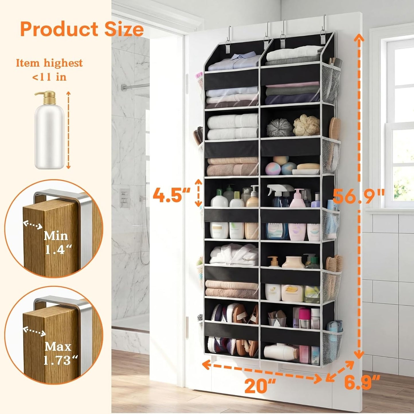 Over The Door Organizer, 5-Tier Extra Large Behind Door Storage with 10 Big Front & 10 Mesh Pockets, 80lb Capacity, Hanging Storage Organizer with Clear Window Kids Toys, Shoes, Diapers, Light Grey