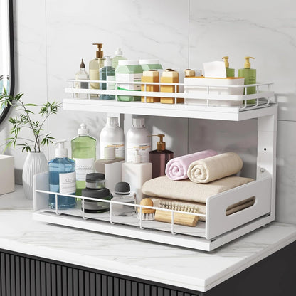 Under Sink Organizer Upgrade To Professional Rails,2-Tier Dual Pull Out Cabinet Storage,Height Adjustable Slide Out Drawers For Bathroom Kitchen,2 Pack-14.5" Dx12.8-16.9" H,White
