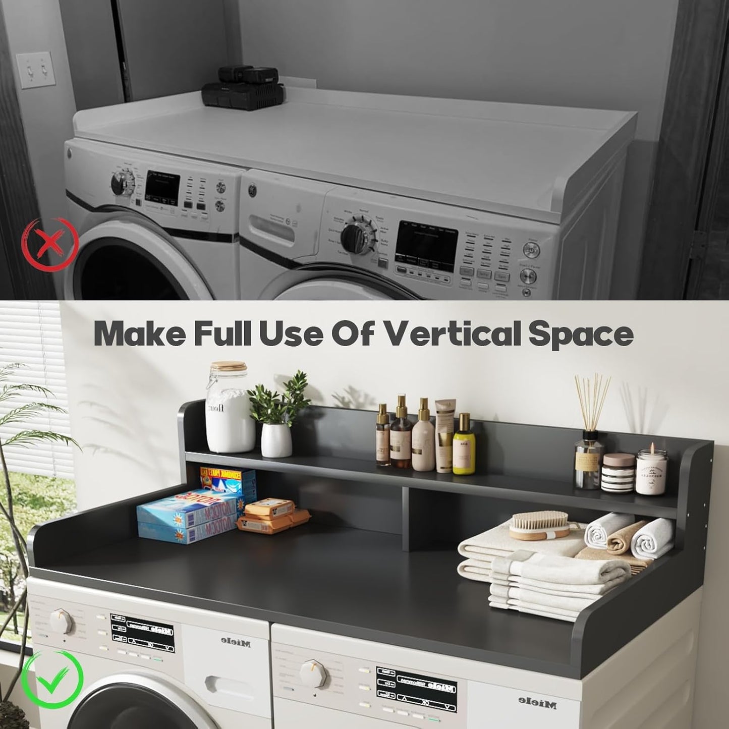 2-Tier Washer and Dryer Countertop with 2.75" H Guard,54" W x 27.5" D Laundry Countertop Cover with Non-Slip Pad,Large Space Laundry Topper for Folding Clothes Over Washer and Dryer-White