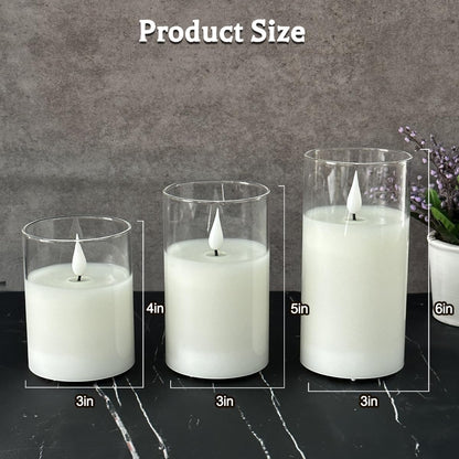 LEDHOLYT Rechargeable Flameless Glass Pillar Candles–Gifts for Women,–Set of 3, Realistic Flickering LED Light,Remote & Timer, Ideal for Living Room, Bedroom & Festival Wedding Home Party Decor