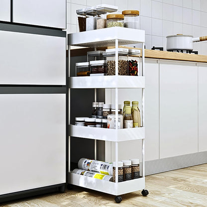 Slim Storage Cart with Wheels Lockable, 4 Tier Narrow Rolling Cart, Hooks and Basket, Multi Cart Organizer for Kitchen Bathroom Laundry Bedroom Office
