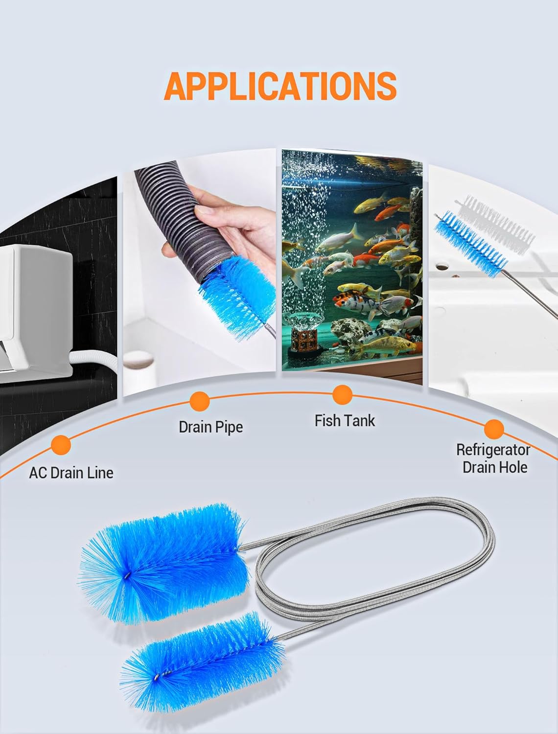 EVOULTES 66" Flexible Drain Brush Tool with Large Brush Head and Double Elastic Nylon Ends, Stainless Steel Long Tube Cleaning Brushes for Kitchen, Sink, Drain Pipe and Long Pipe Cleaning