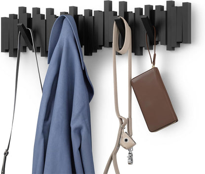Umbra Sticks Wall-Mounted Coat Rack Rail Hook with 5 Retractable Pegs – Modern, Space-Saving Storage Organizer, Black