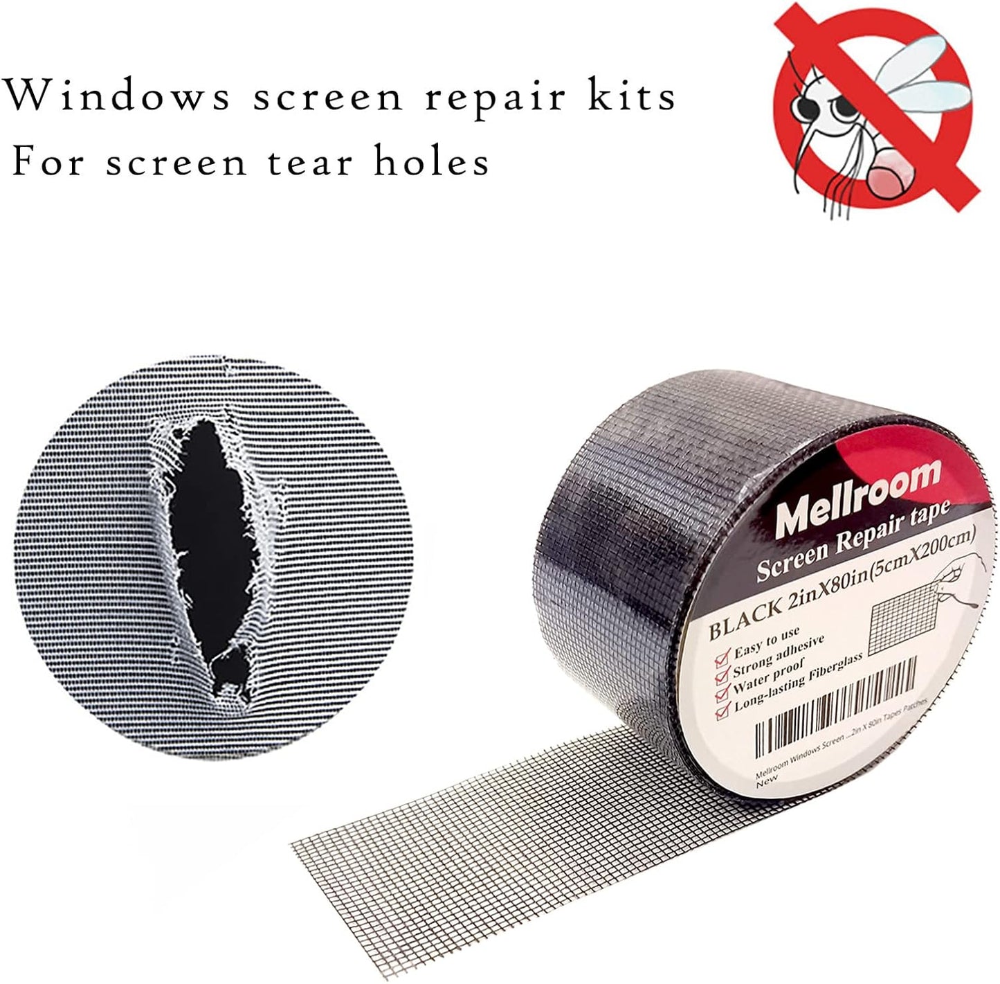 Windows Screen Repair kit Tapes, Black 2 inches X 80 inches Patches Tool, Adhesive Waterproof Fiberglass Mesh Patch Covering Fix Wire mesh Door Tears Holes