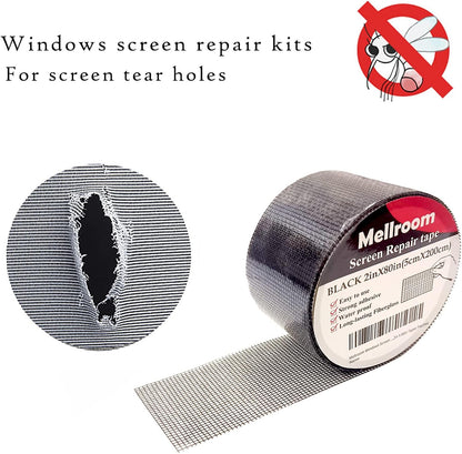 Windows Screen Repair kit Tapes, Black 2 inches X 80 inches Patches Tool, Adhesive Waterproof Fiberglass Mesh Patch Covering Fix Wire mesh Door Tears Holes